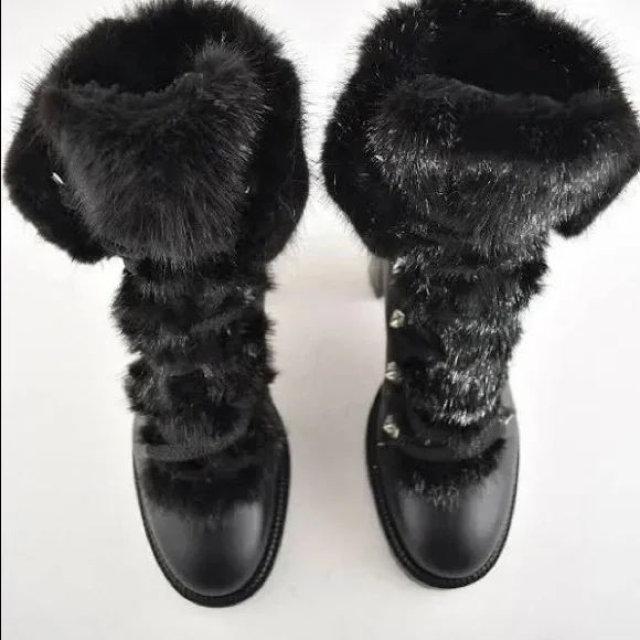 ISO Christian Louboutin Fanny 70 Black Calf Leather Fur Heel Combat Boots.8-8.5 - Picture 6 of 7